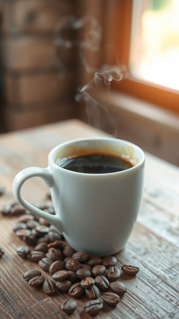 A cup of freshly brewed coffee with coffee beans on a rustic table.